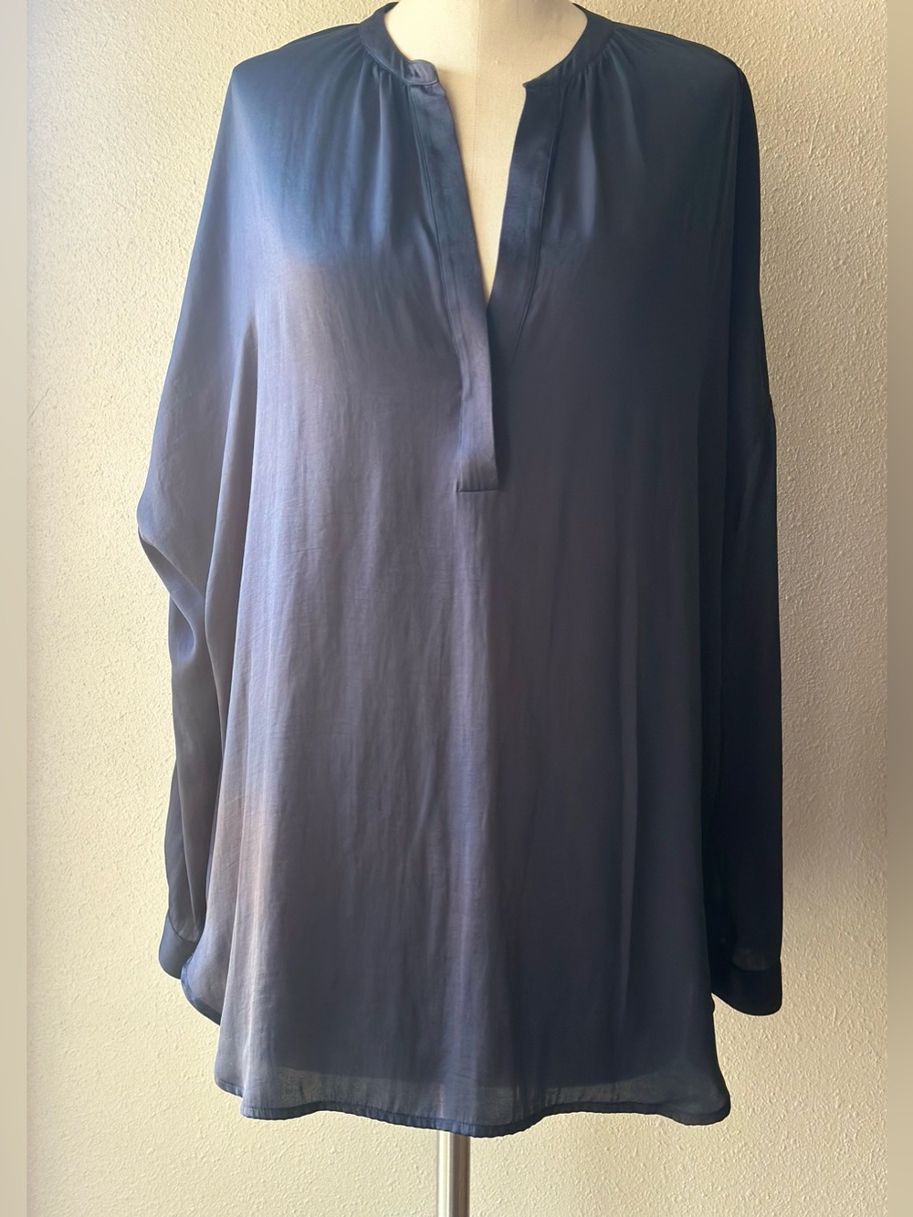 Vince Womens Split Collar Blouse Navy Blue Tunic Top Size Large L